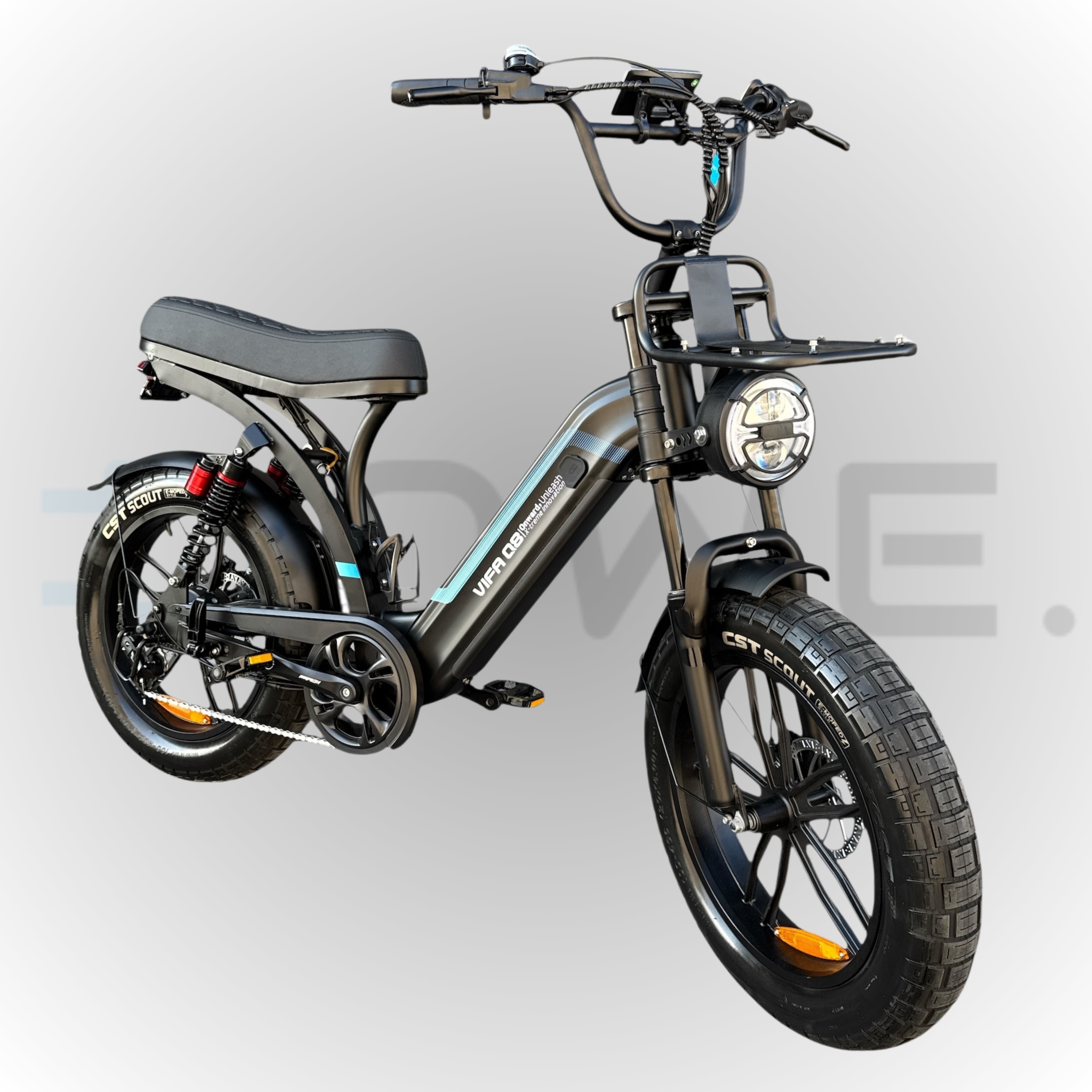 Zwarte Ouxi Q8 elektrische fatbike met lage instap en accessoires – Dowe.bike
