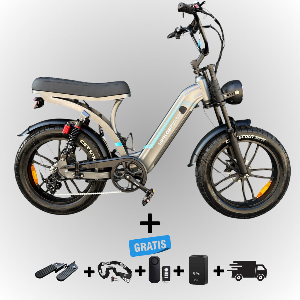 Ouxi Q8 elektrische fatbike in grijs met lage instap en gratis accessoires – Dowe.bike