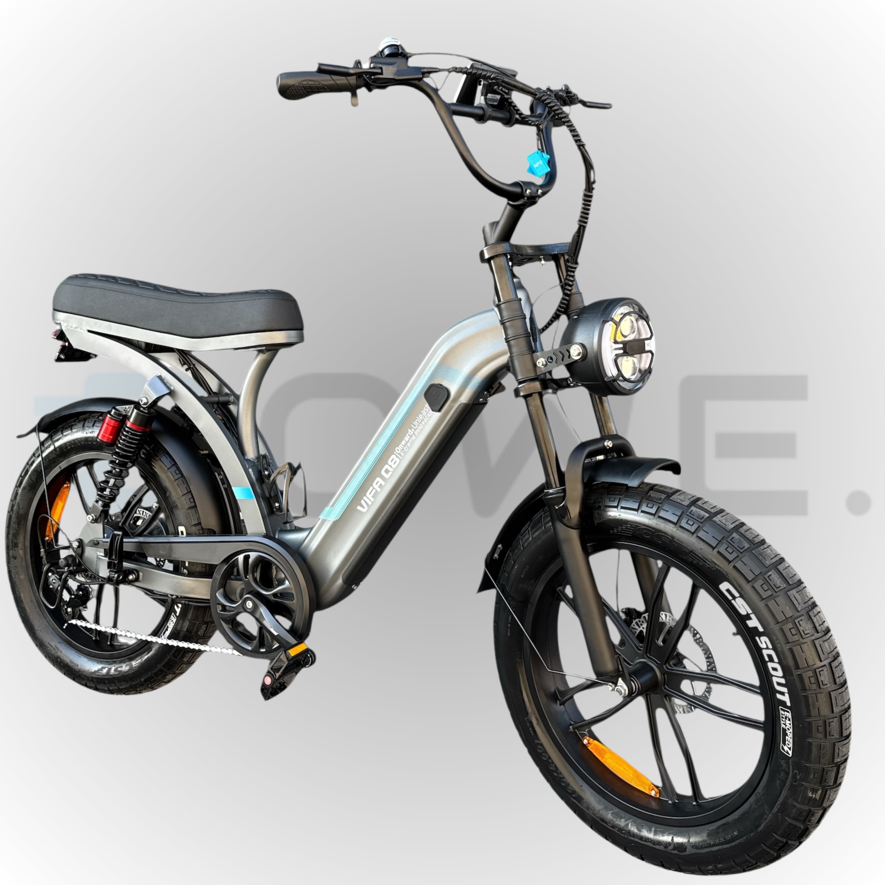 Ouxi Q8 elektrische fatbike in grijs met lage instap en gratis accessoires – Dowe.bike